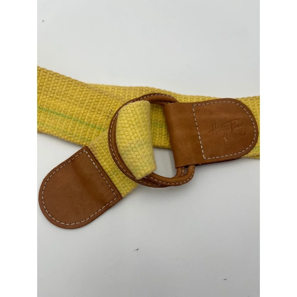 Hang Ten Vintage Yellow Woven D-Ring Belt Leather Trim Surf Retro 36.5 Inch